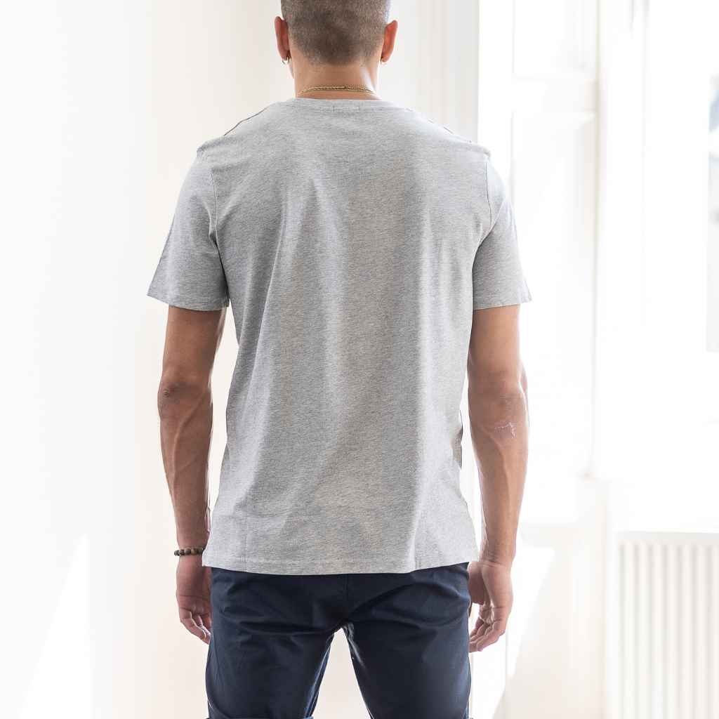 A person wearing a paradaiza gray heather classic crewneck t-shirt and dark shorts standing indoors.