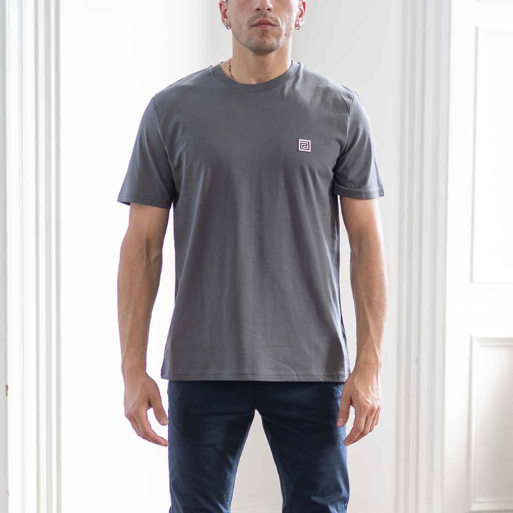 A male model wearing a gray classic crewneck paradaiza t-shirt with a small branded logo on the chest, paired with navy chinos.