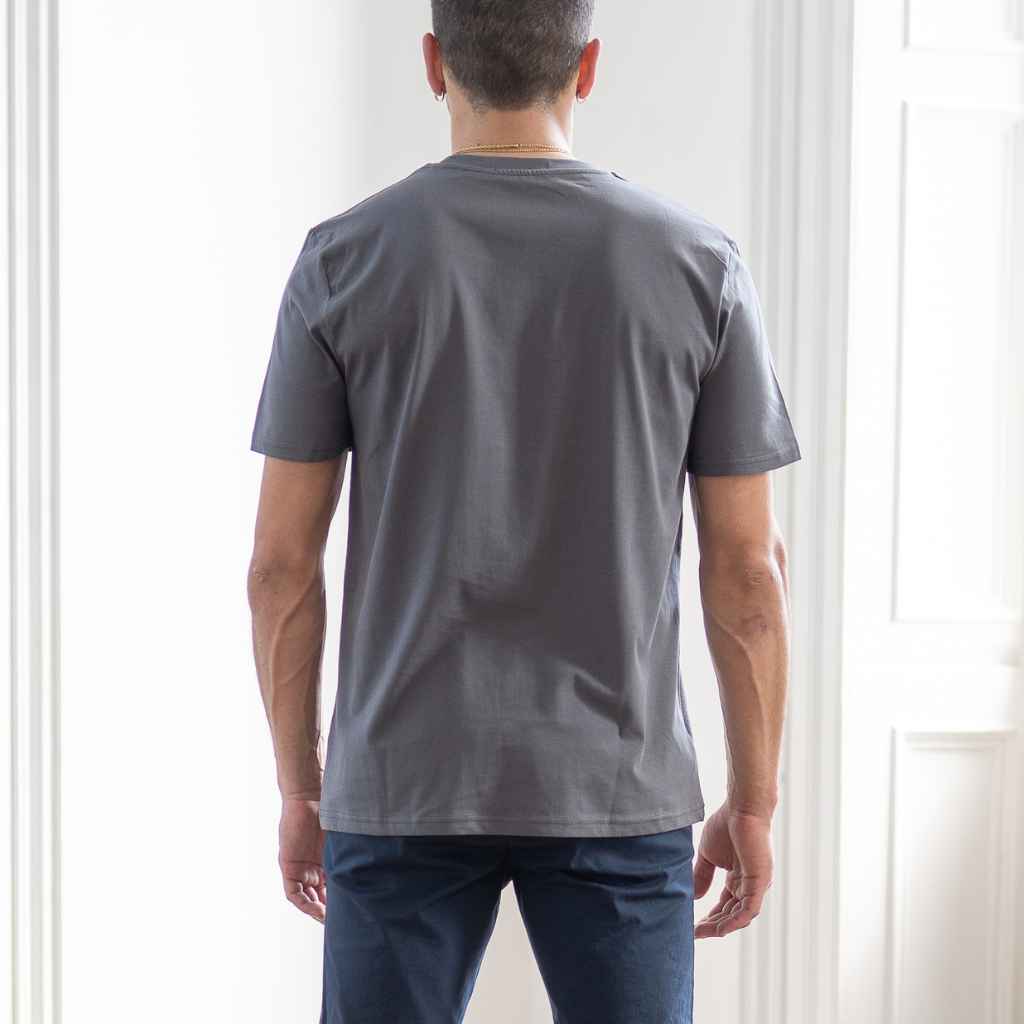 A male model wearing a gray classic crewneck paradaiza t-shirt with a small branded logo on the chest, paired with navy chinos.
