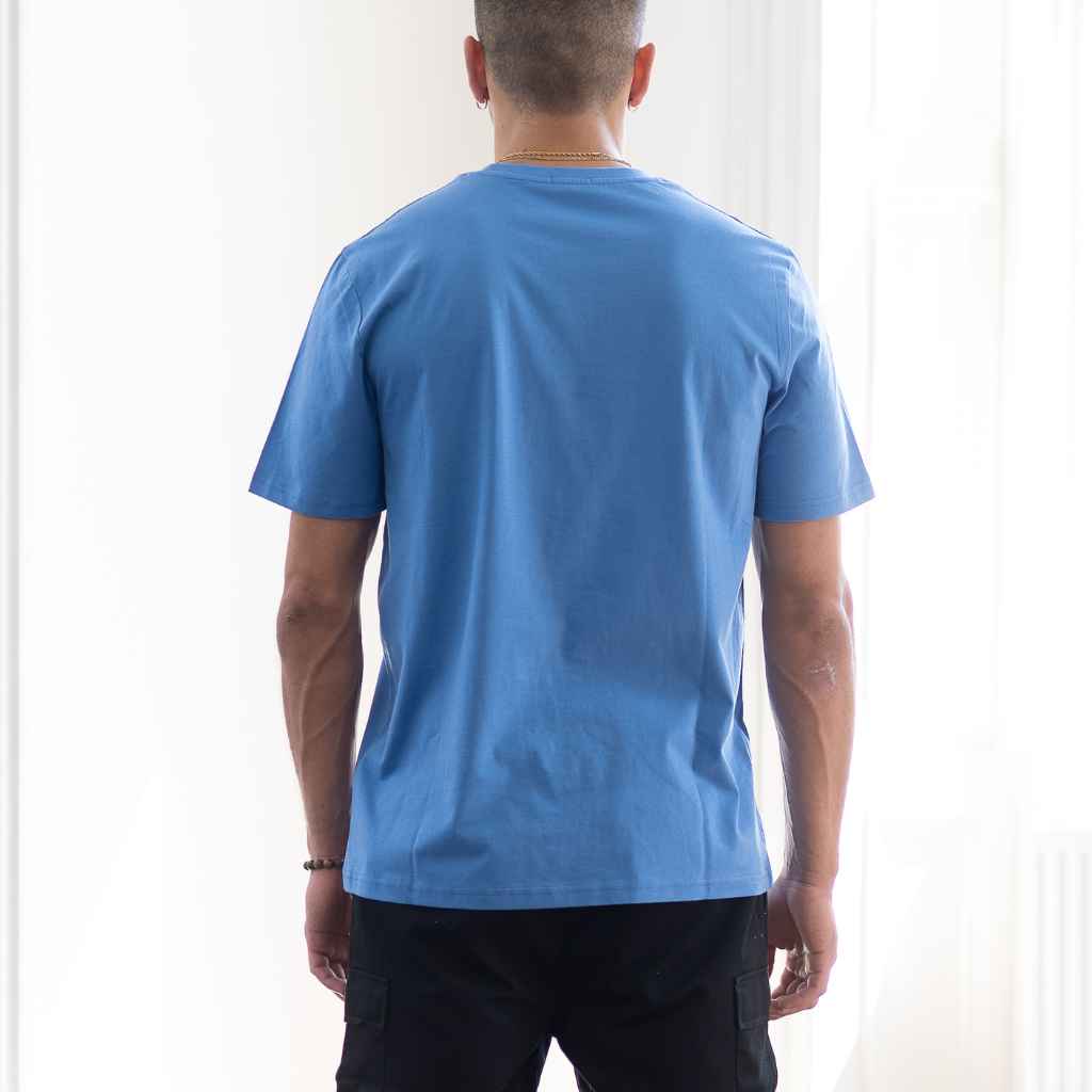 A male model wearing a blue classic crewneck pardaiza t-shirt with a small branded logo on the chest.