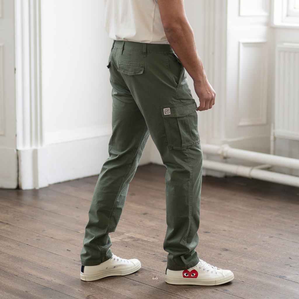 A person standing on a wooden floor wearing PARADAIZA olive green cargo pants with a belt loop, chain stitch detail, and multiple pockets, paired with a white shirt and white sneakers.
