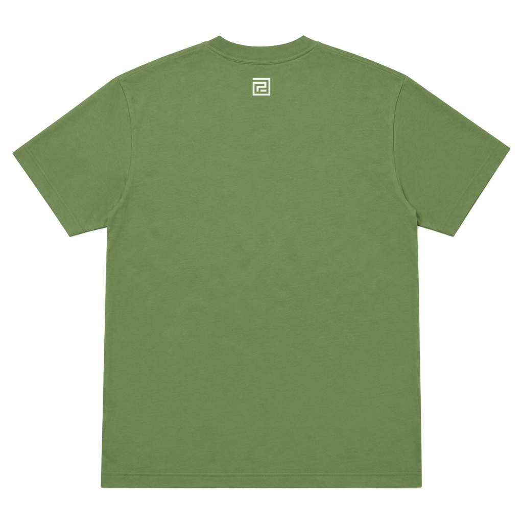 An Paradaiza green short-sleeve t-shirt shown from the back, featuring a small white maze logo centered below the collar, set against a plain white background.