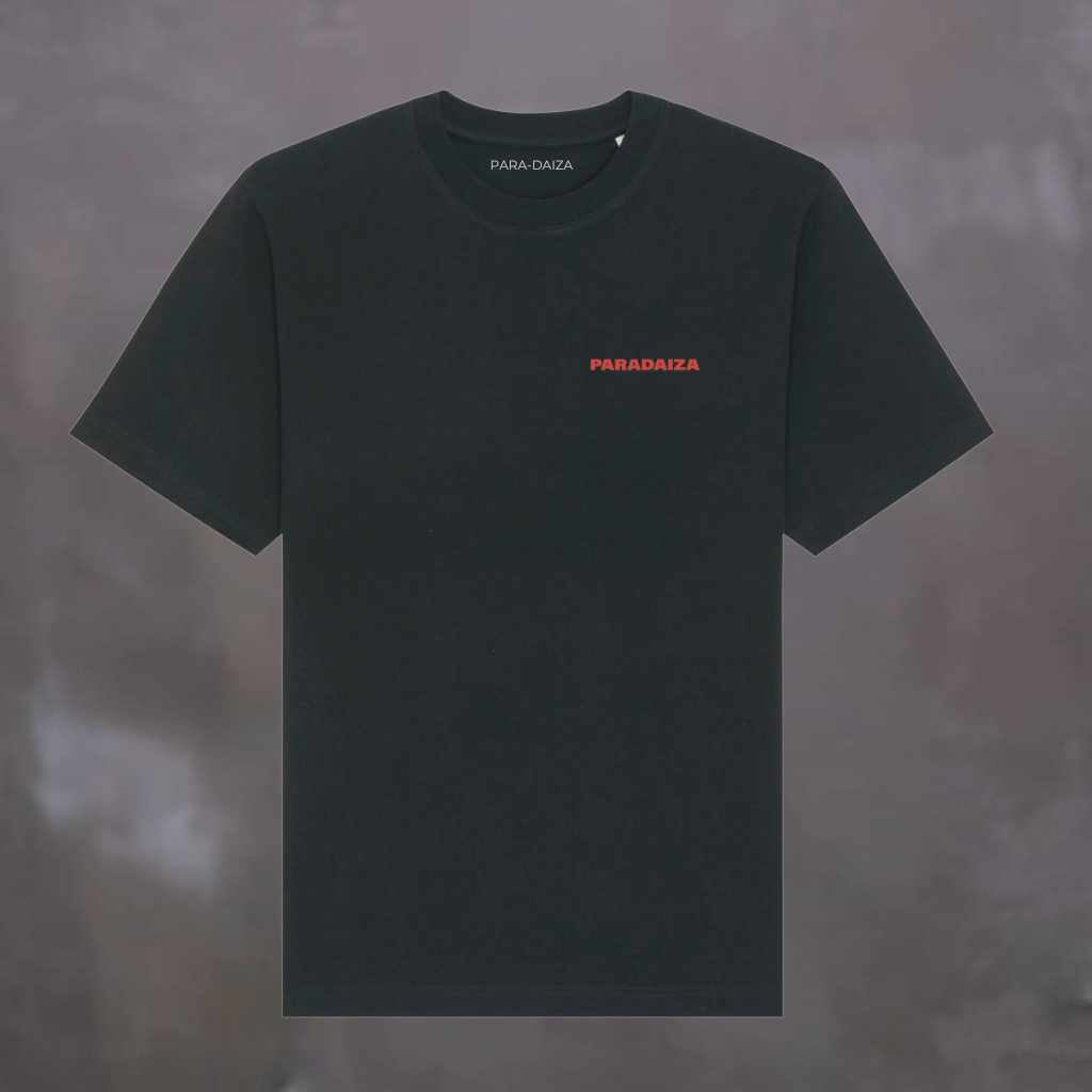 Black t-shirt with 'PARADAIZA' logo on a dark background