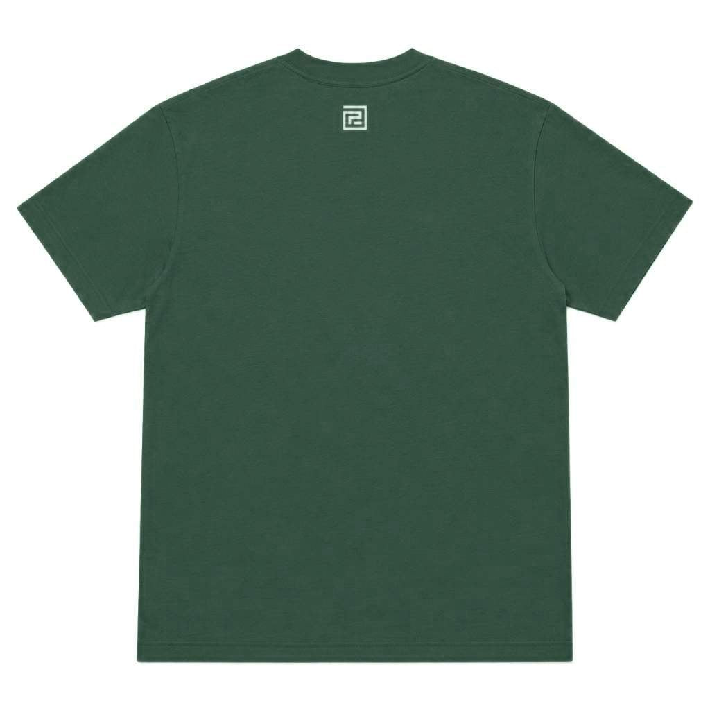 A dark green short-sleeve t-shirt shown from the back, featuring a small white geometric logo centered below the neckline, set against a plain white background.