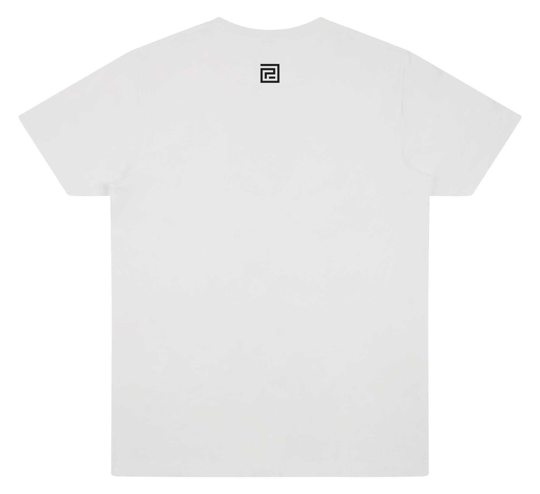 White paradaiza t-shirt with a small logo on the back against a white background
