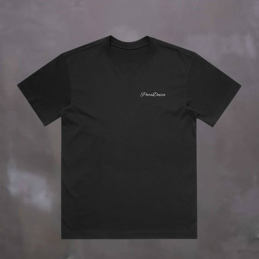 Black PARADAIZA  t-shirt with a logo on a textured gray background