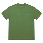 An green crewneck t-shirt by PARA-DAISA, featuring a small white embroidered logo on the left chest, displayed flat against a solid white background.