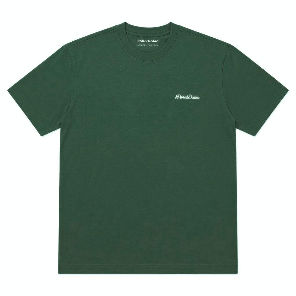 A dark green crewneck t-shirt with a small white embroidered logo on the left chest, displayed flat against a solid white background.