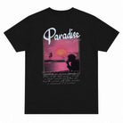 Black t-shirt with a sunset design and 'Paradise' text on a white background