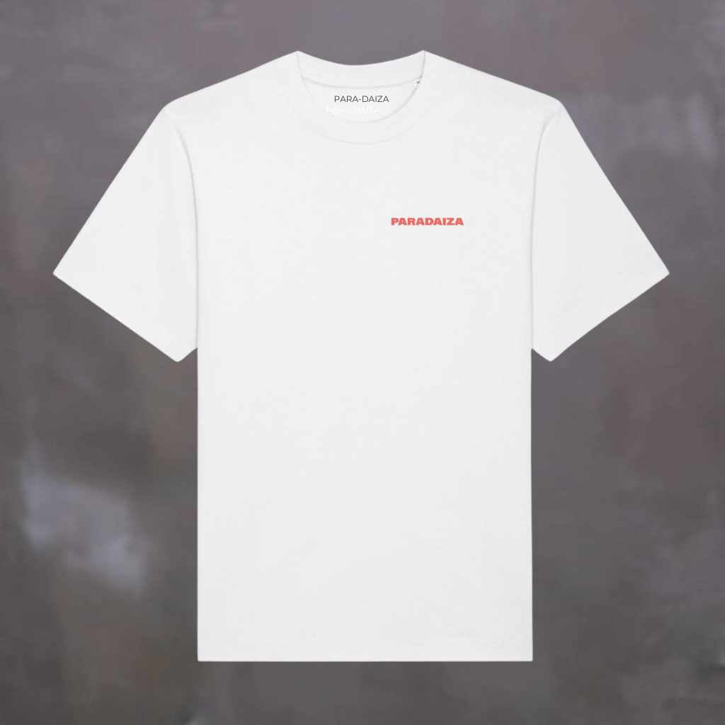 White t-shirt with 'PARADAIZA' logo on a gray background