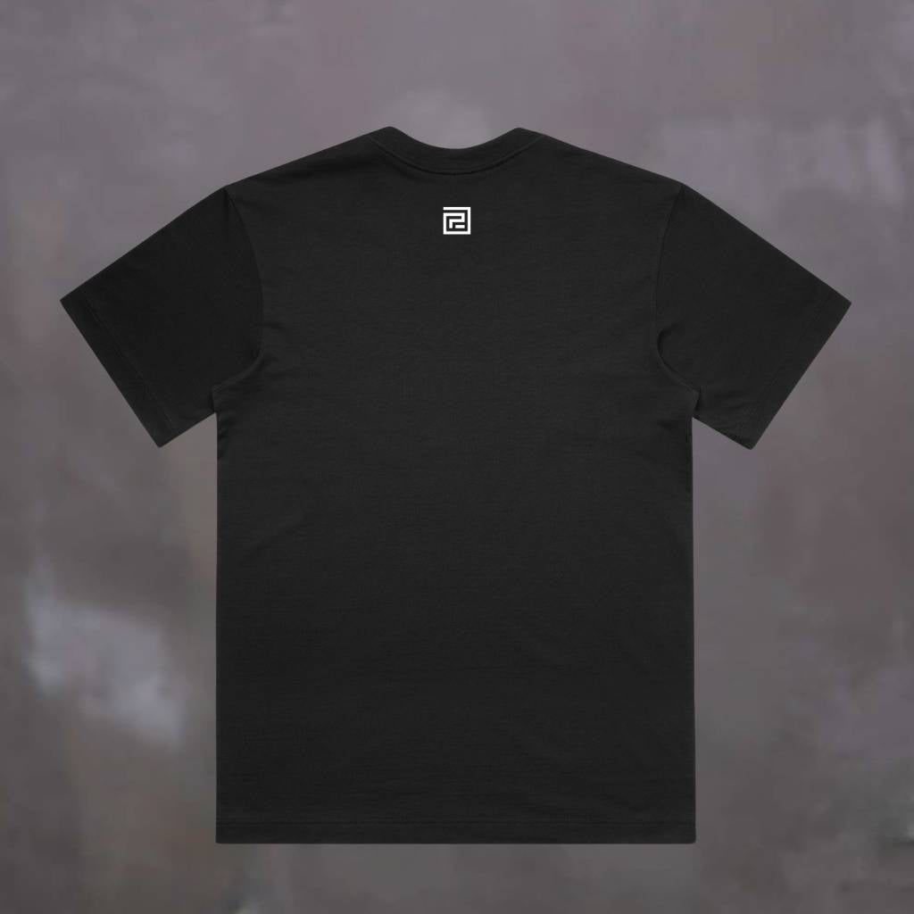 Black PARADAIZA  t-shirt with a logo on a textured gray background