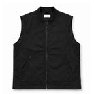A black sleeveless zip-up vest with a stand collar and two front patch pockets, shown flat against a white background.