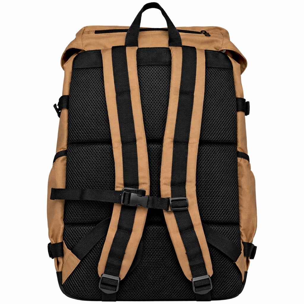 Tan paradaiza backpack with black straps on a white background