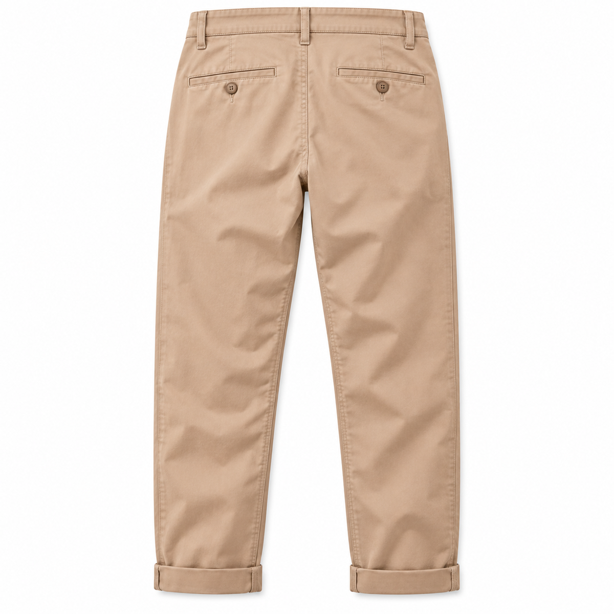 A pair of beige chino pants shown from the back, featuring two buttoned welt pockets and rolled cuffs, displayed on a clean white background.