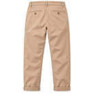A pair of beige chino pants shown from the back, featuring two buttoned welt pockets and rolled cuffs, displayed on a clean white background.