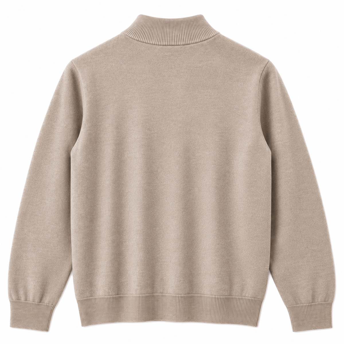 A light beige knit sweater with a mock neck, long sleeves, and ribbed cuffs and hem, shown from the back on a white background.
