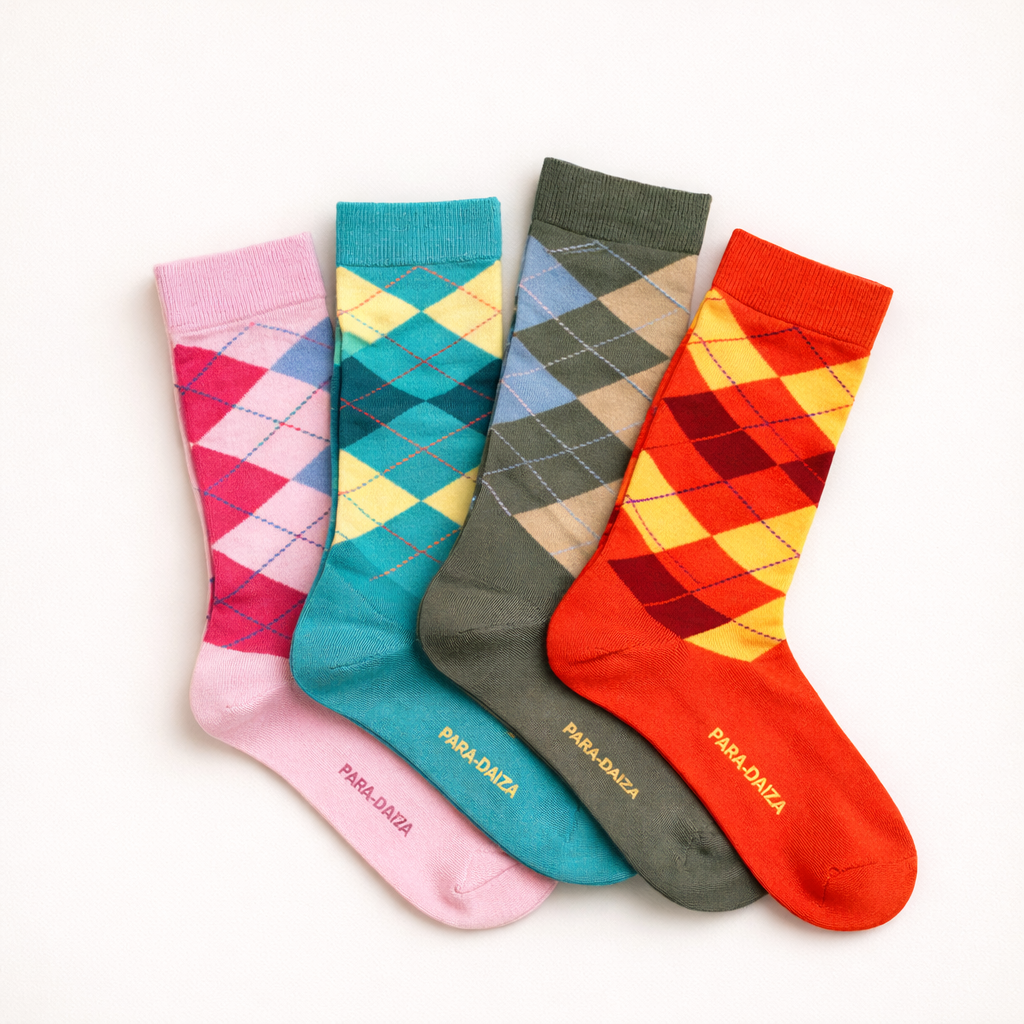 Four pairs of colorful argyle socks from Para-Daiza on a white background