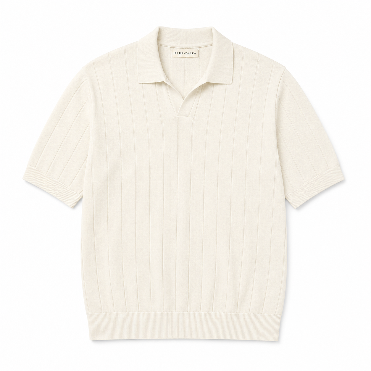 An off-white paradaiza ribbed knit polo shirt with short sleeves, a collar, and a buttonless placket, shown flat on a white background. The brand name 'PARK MAXIS' is visible on the inner neck label.