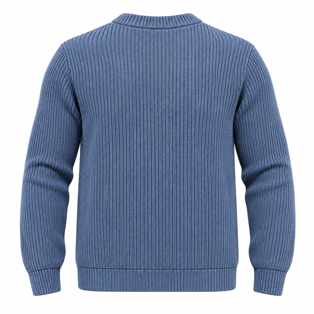 A blue ribbed knit sweater shown from the back, featuring a crew neck, long sleeves, and ribbed cuffs and hem, set against a plain white background.