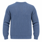 A blue ribbed knit sweater shown from the back, featuring a crew neck, long sleeves, and ribbed cuffs and hem, set against a plain white background.