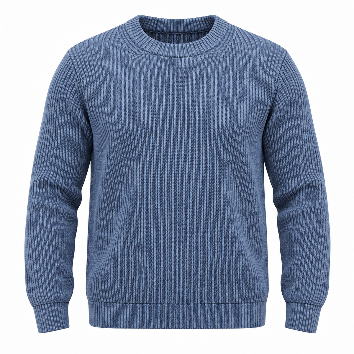 A blue ribbed knit crewneck sweater shown on a plain white background.