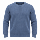 A blue ribbed knit crewneck sweater shown on a plain white background.