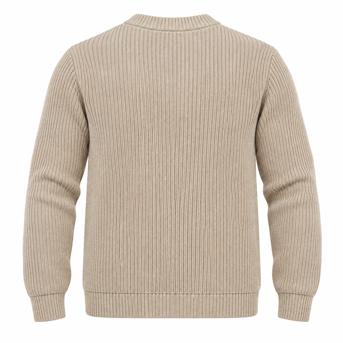 A beige ribbed knit sweater shown from the back, featuring a crew neck, long sleeves, and ribbed cuffs and hem, set against a plain white background.