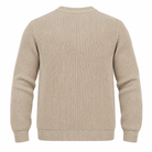 A beige ribbed knit sweater shown from the back, featuring a crew neck, long sleeves, and ribbed cuffs and hem, set against a plain white background.