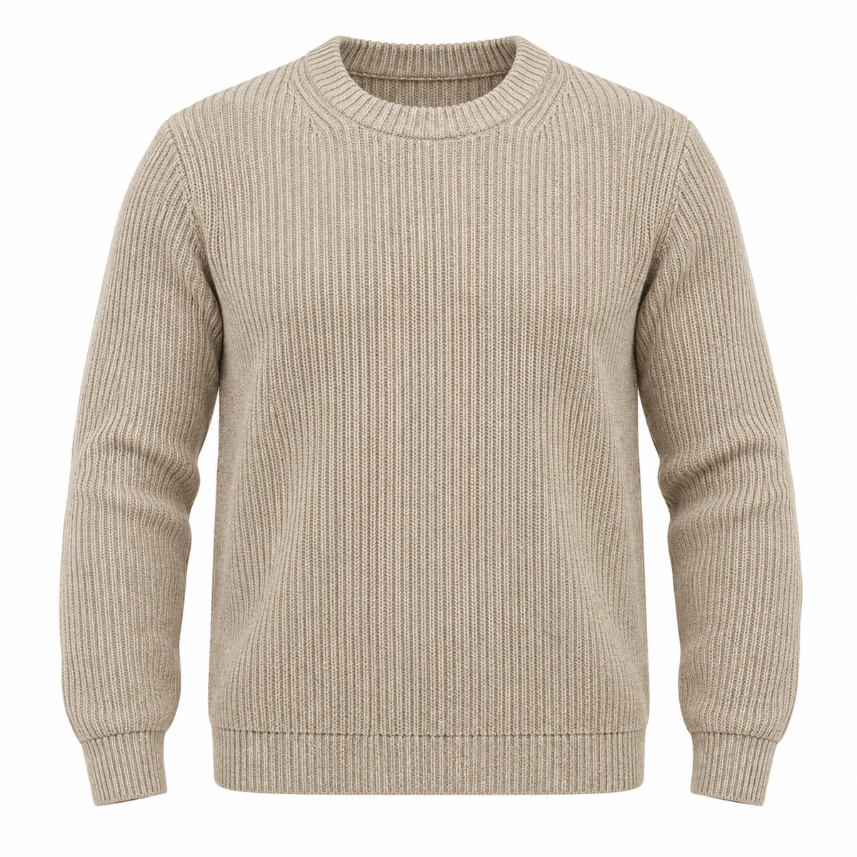 A beige ribbed knit crewneck sweater shown on a plain white background.