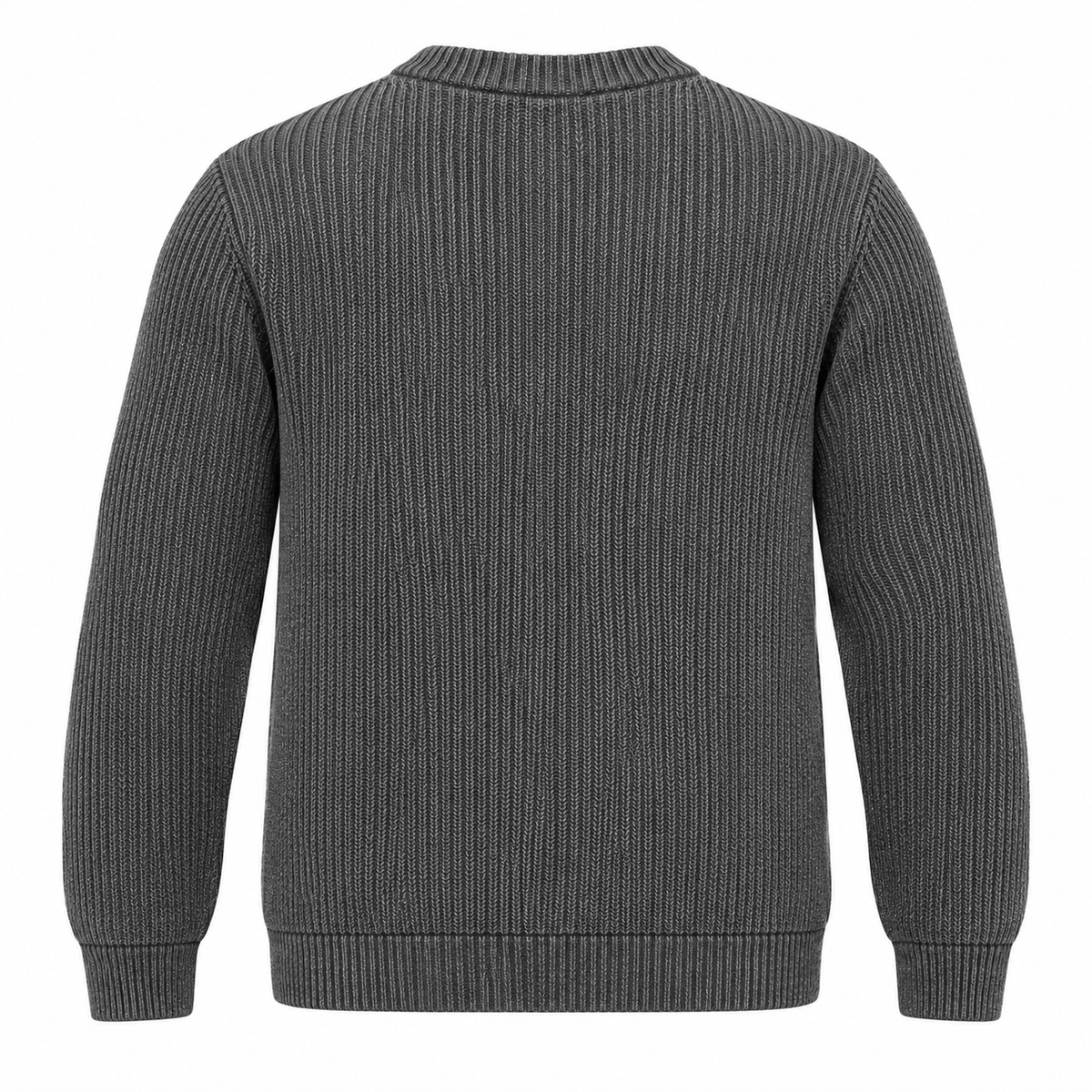 A dark gray ribbed knit sweater shown from the back, featuring a crew neck, long sleeves, and ribbed cuffs and hem, set against a plain white background.