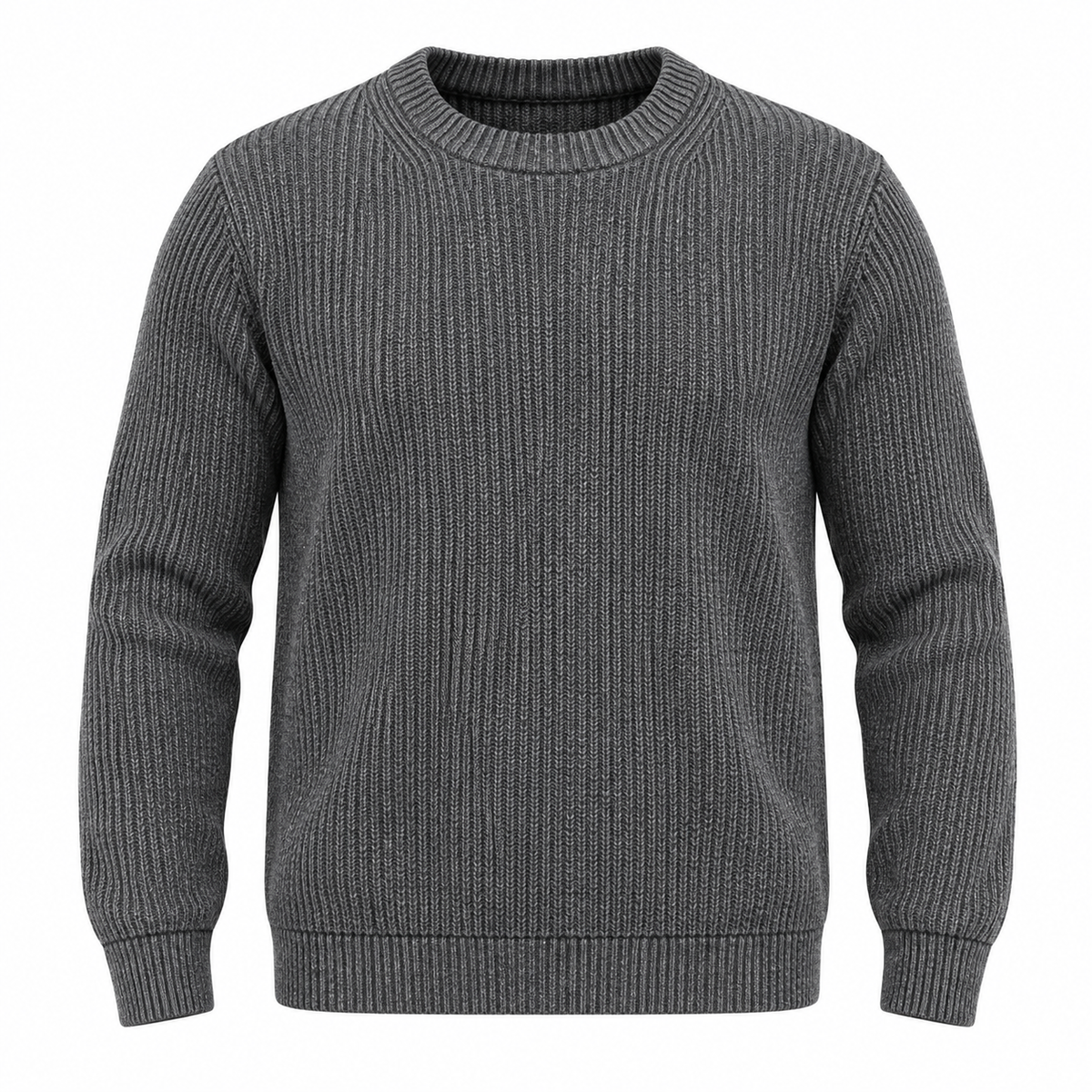 A dark gray ribbed knit crewneck sweater displayed on a clean white background.
