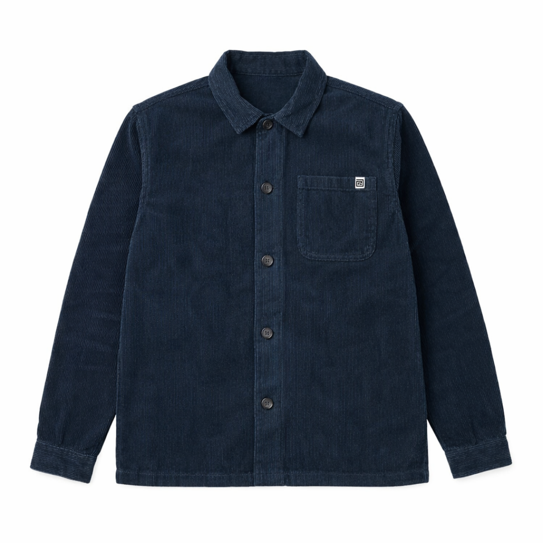 paradaiza navy-colored corduroy overshirt with a collar, patch chest pocket, and buttons down the front