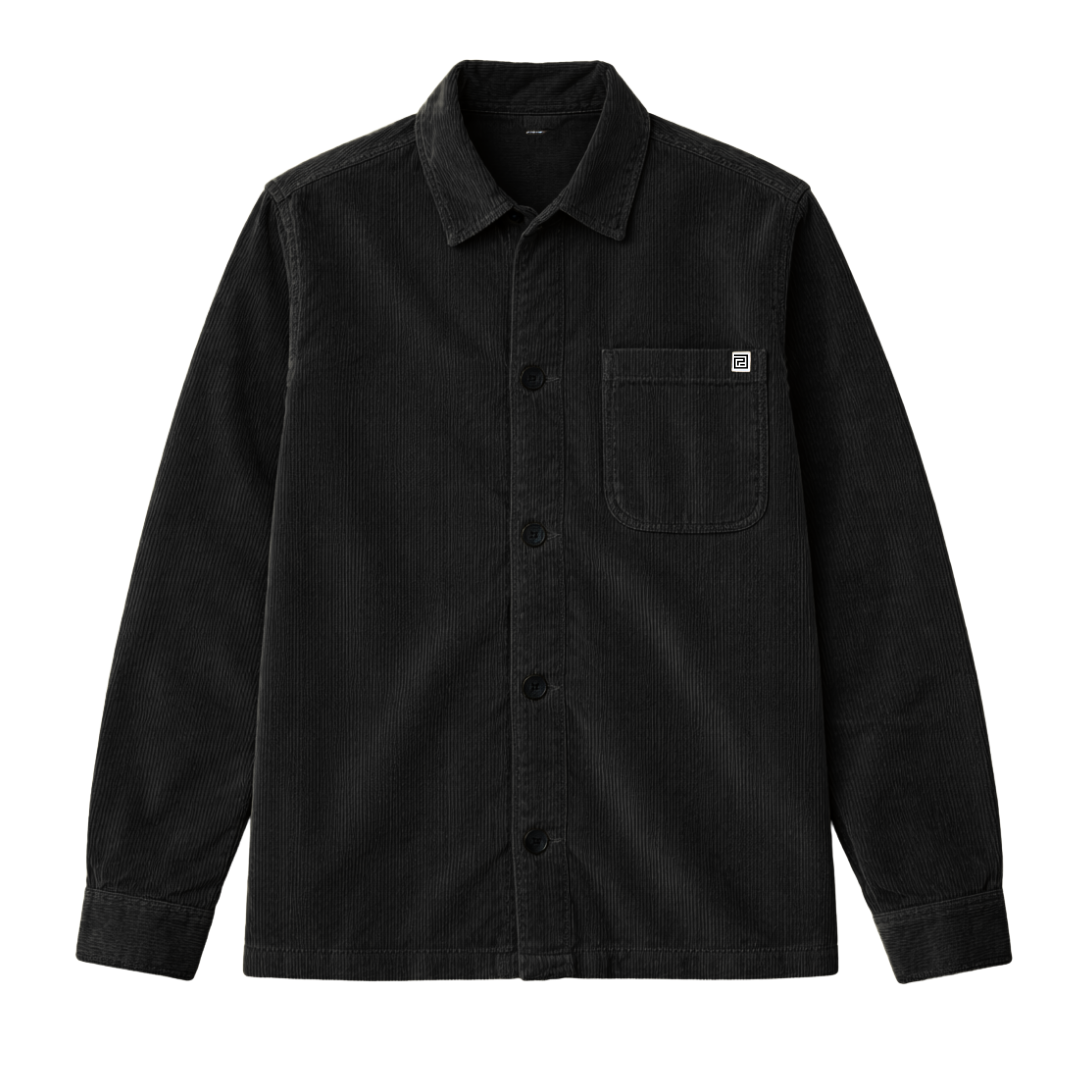 para daiza long-sleeved black cord overshirt with a collar, patch chest pocket, and buttons down the front.
