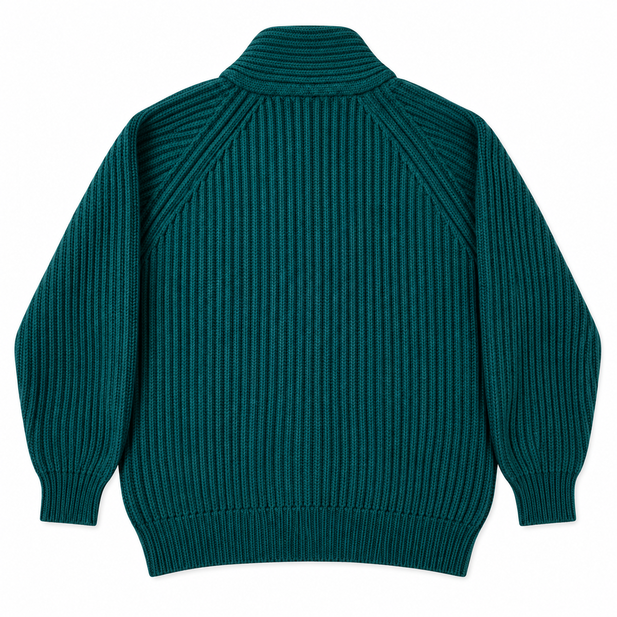 A dark teal green ribbed knit sweater shown from the back, featuring a mock neck, raglan sleeves, and a ribbed hem and cuffs, set against a plain white background.
