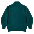 A dark teal green ribbed knit sweater shown from the back, featuring a mock neck, raglan sleeves, and a ribbed hem and cuffs, set against a plain white background.