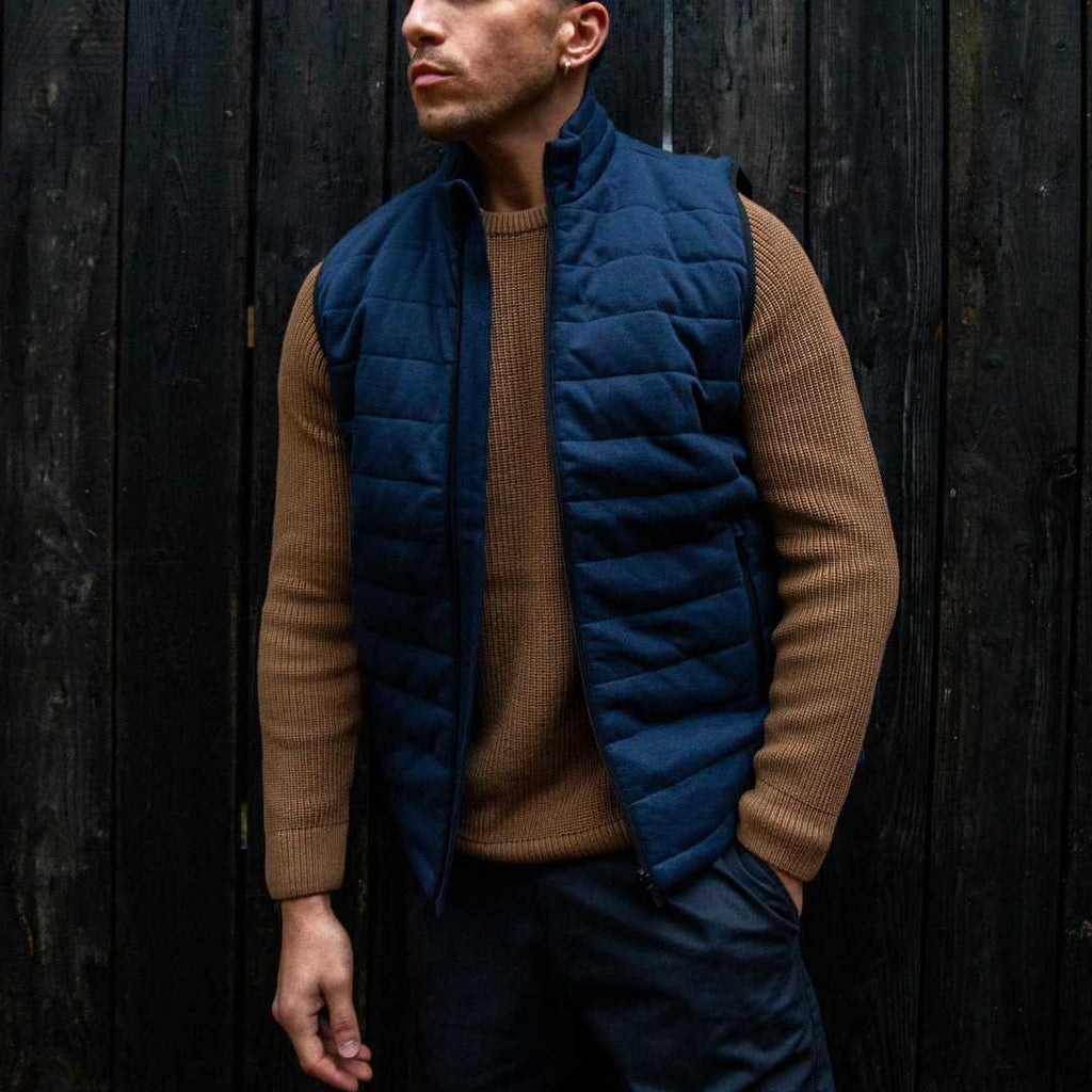 Model wears a paradaiza fishermans knit and body warmer 