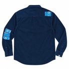 A dark navy blue long-sleeve button-up shirt shown from the back, featuring decorative blue and white patterned fabric patches on both shoulders and upper sleeves.