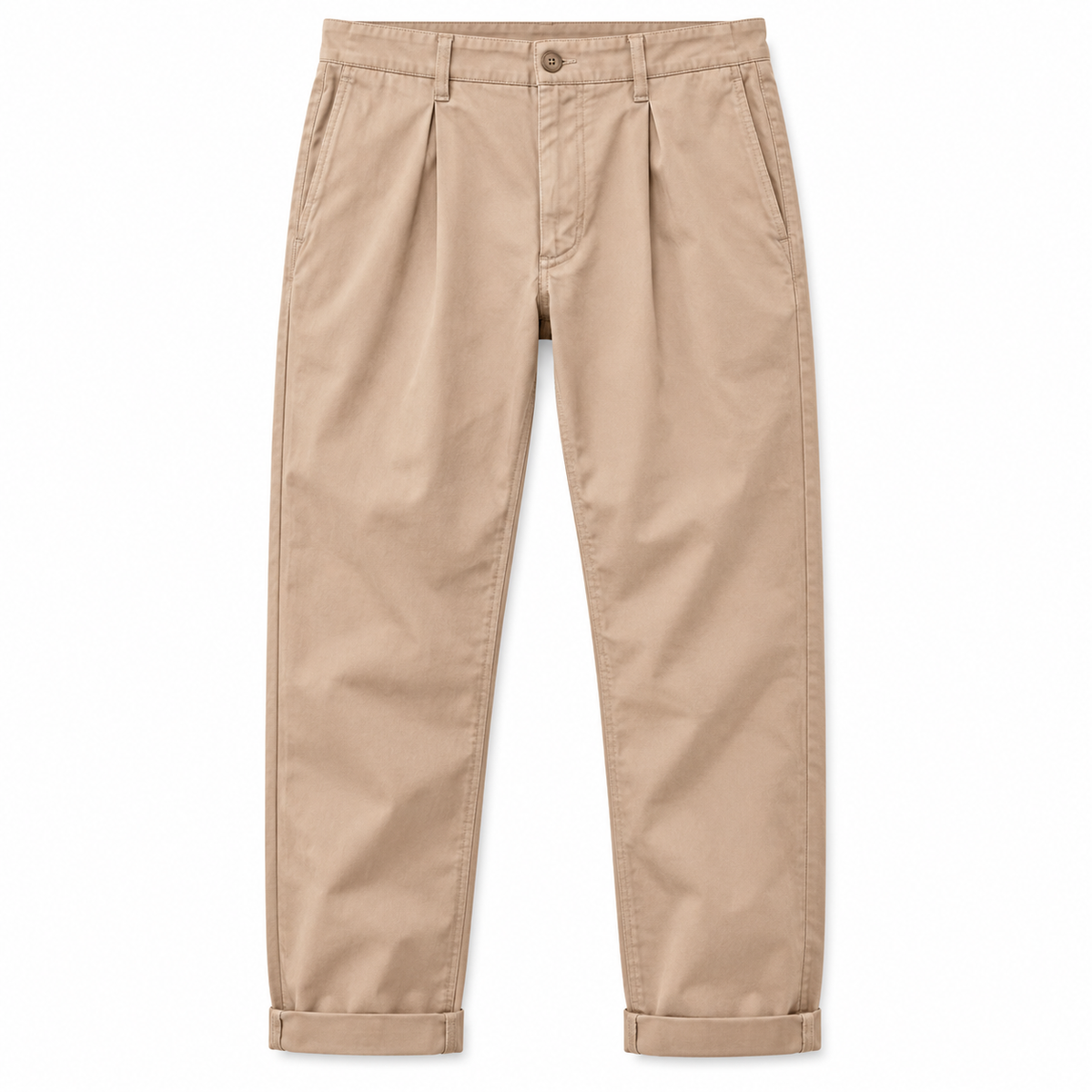A pair of beige pleated trousers with a button waistband, shown flat against a plain white background.