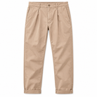 A pair of beige pleated trousers with a button waistband, shown flat against a plain white background.