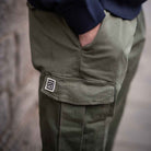 model wears para-daiza khaki cargo pant