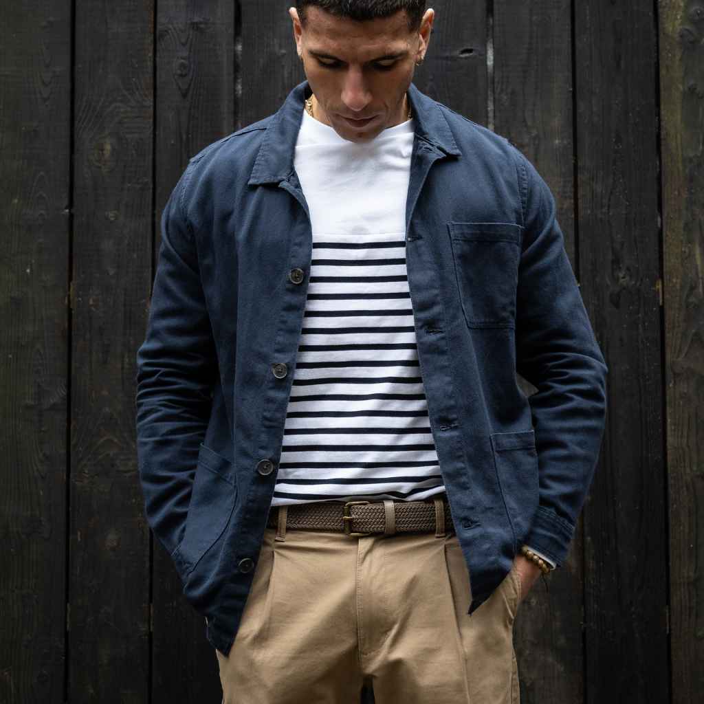 Model wears Para-Daiza  navy worker  jacket with striped tee