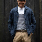 Model wears Para-Daiza  navy worker  jacket with striped tee