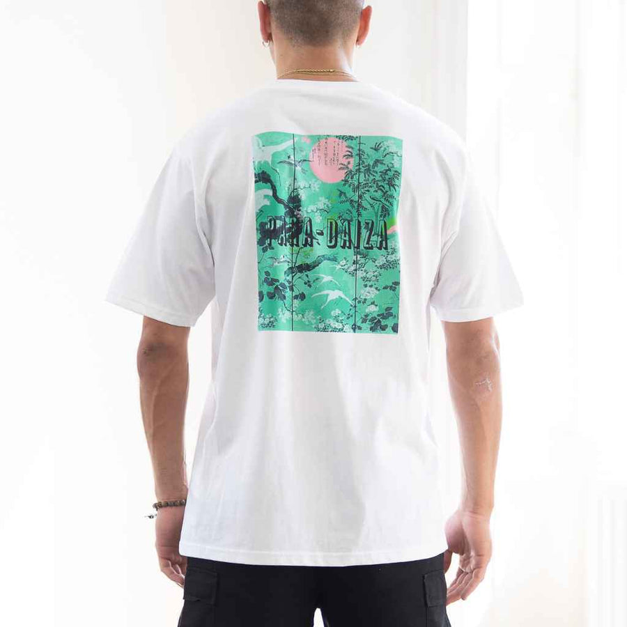 A person wearing a white paradaiza oversized t-shirt with a graphic print in the center, facing away from the camera.