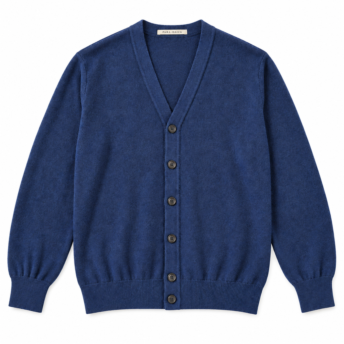 A navy blue knit cardigan sweater with a V-neck, button-front closure, and ribbed cuffs and hem, shown flat against a white background.