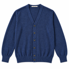 A navy blue knit cardigan sweater with a V-neck, button-front closure, and ribbed cuffs and hem, shown flat against a white background.