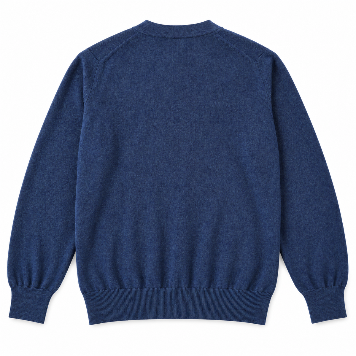 A navy blue knit sweater shown from the back, featuring long sleeves with ribbed cuffs and a ribbed hem, photographed against a solid white background.