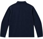 A dark navy blue long-sleeve knit top with a mock neck collar, shown from the back on a plain white background.