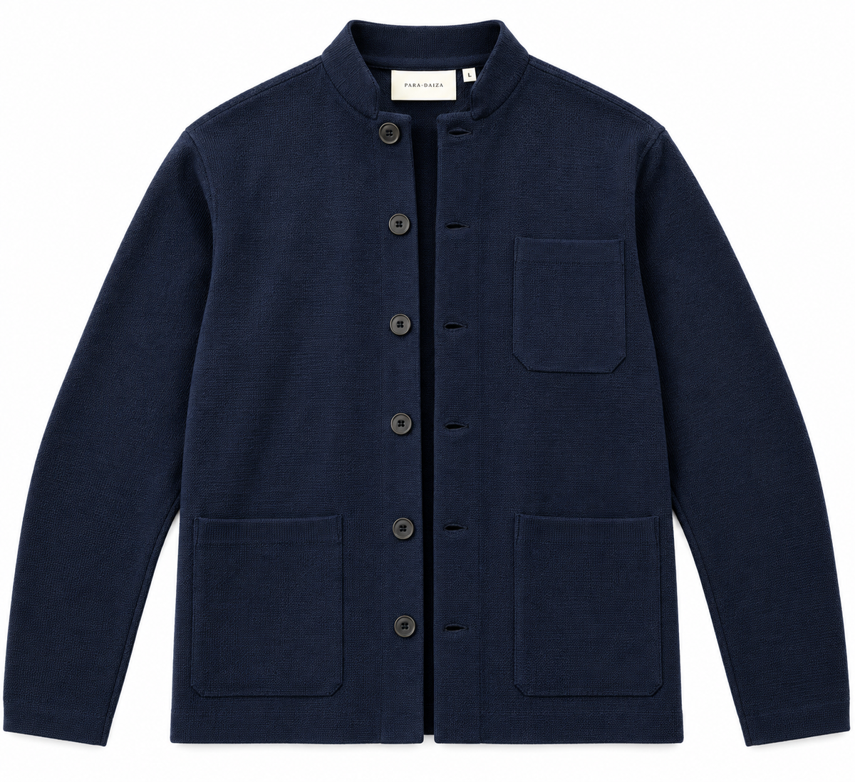 A dark navy blue knit cardigan jacket with a mandarin collar, dark buttons, a chest pocket, and two large front patch pockets, shown flat on a white background.