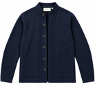 A dark navy blue knit cardigan jacket with a mandarin collar, dark buttons, a chest pocket, and two large front patch pockets, shown flat on a white background.