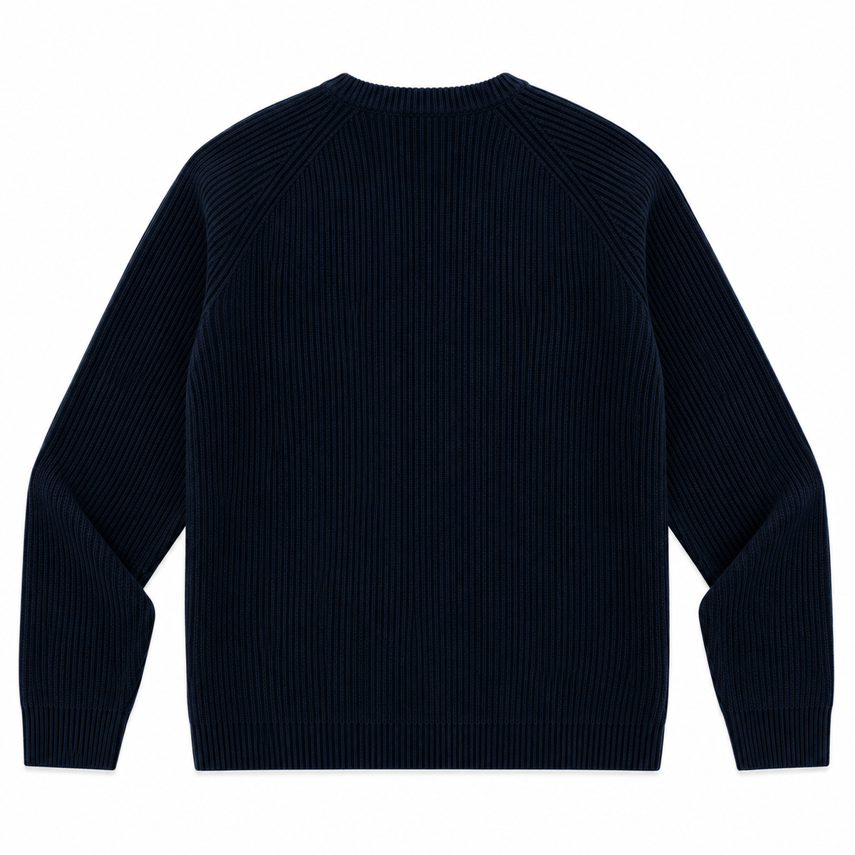 A dark navy blue ribbed knit sweater shown from the back, featuring long raglan sleeves and a crew neck, set against a plain white background.